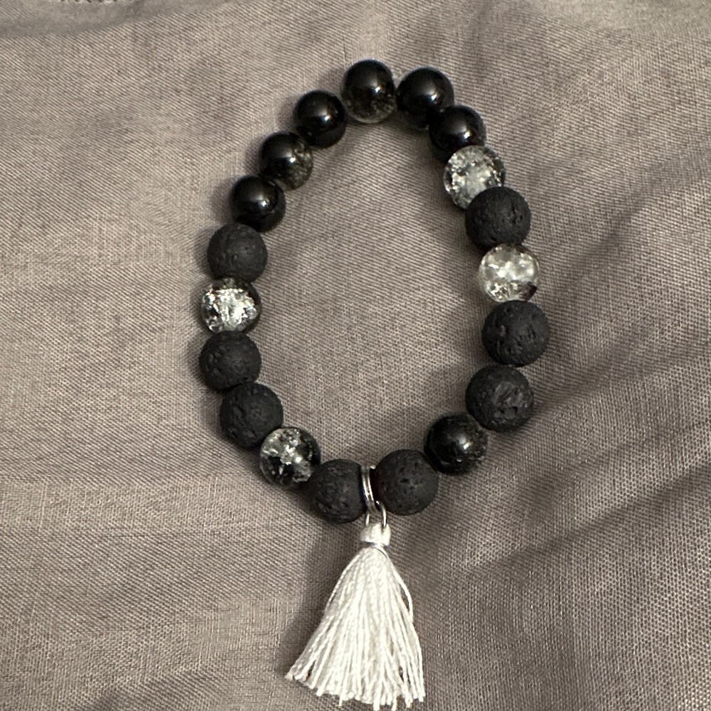 Black and White Beaded Bracelet with Tassel